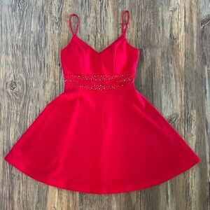 City Triangles Fit & Flare Mini Formal Party Dress Womens Jrs M Red Mesh Waist